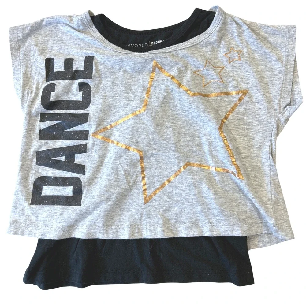 BIOWORLD Kids Girls Medium Gray Black Dance Star Layered‎ T Shirt Top